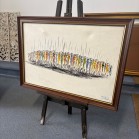 Pintura emoldurada em madeira que retrata uma procissão abstrata de figuras humanas coloridas e estilizadas, assinada no canto inferior direito como “MRUNGU 94”